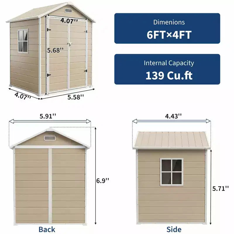 Abri de rangement extérieur en résine 6x4 pieds couleur bois naturel avec plancher, fenêtre, porte verrouillable, 2 aérations et toit en pente pour patio, jardin et rangement d'outils