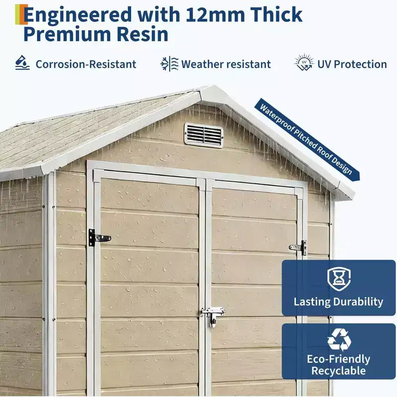 Abri de rangement extérieur en résine 6x4 pieds couleur bois naturel avec plancher, fenêtre, porte verrouillable, 2 aérations et toit en pente pour patio, jardin et rangement d'outils