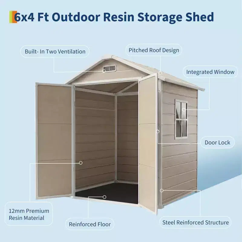 Abri de rangement extérieur en résine 6x4 pieds couleur bois naturel avec plancher, fenêtre, porte verrouillable, 2 aérations et toit en pente pour patio, jardin et rangement d'outils