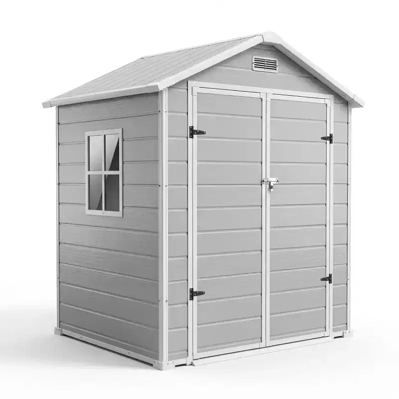 Abri de rangement extérieur en résine 6x4 pieds couleur bois naturel avec plancher, fenêtre, porte verrouillable, 2 aérations et toit en pente pour patio, jardin et rangement d'outils