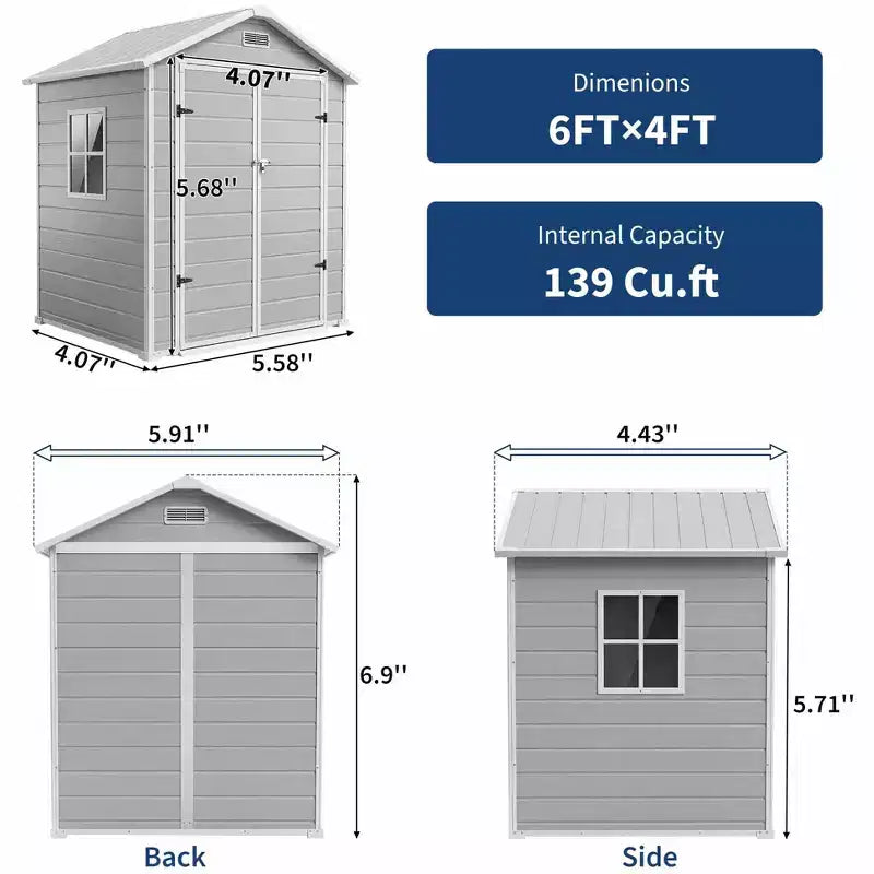 Abri de rangement extérieur en résine 6x4 pieds couleur bois naturel avec plancher, fenêtre, porte verrouillable, 2 aérations et toit en pente pour patio, jardin et rangement d'outils