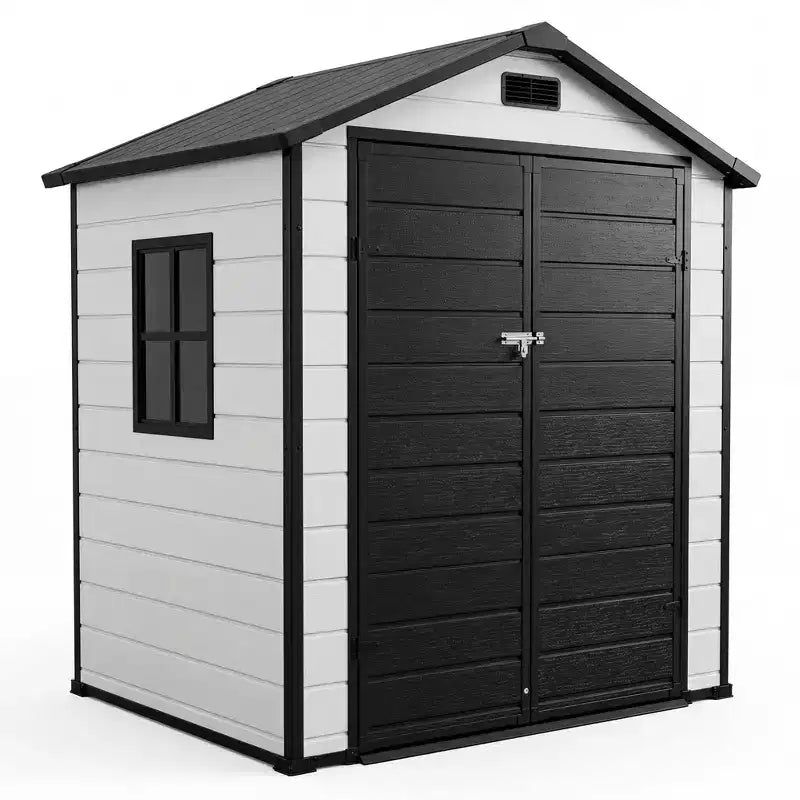 Abri de rangement extérieur en résine 6x4 pieds couleur bois naturel avec plancher, fenêtre, porte verrouillable, 2 aérations et toit en pente pour patio, jardin et rangement d'outils