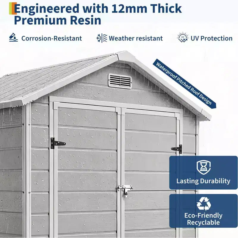 Abri de rangement extérieur en résine 6x4 pieds couleur bois naturel avec plancher, fenêtre, porte verrouillable, 2 aérations et toit en pente pour patio, jardin et rangement d'outils