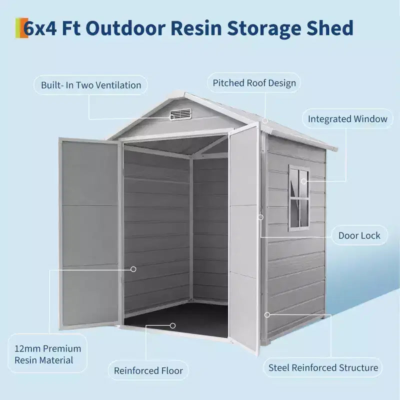 Abri de rangement extérieur en résine 6x4 pieds couleur bois naturel avec plancher, fenêtre, porte verrouillable, 2 aérations et toit en pente pour patio, jardin et rangement d'outils