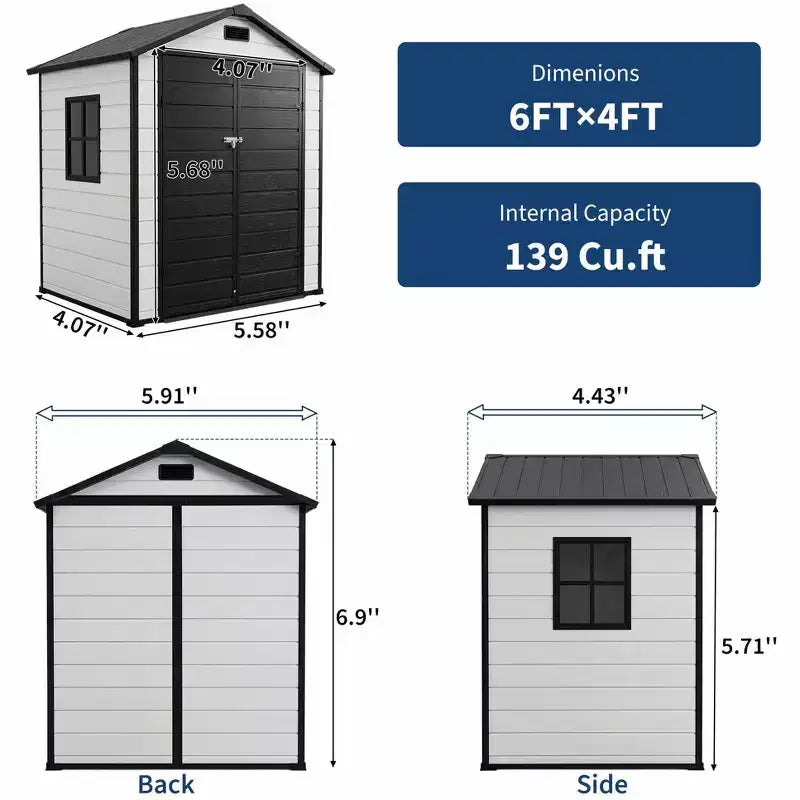Abri de rangement extérieur en résine 6x4 pieds couleur bois naturel avec plancher, fenêtre, porte verrouillable, 2 aérations et toit en pente pour patio, jardin et rangement d'outils