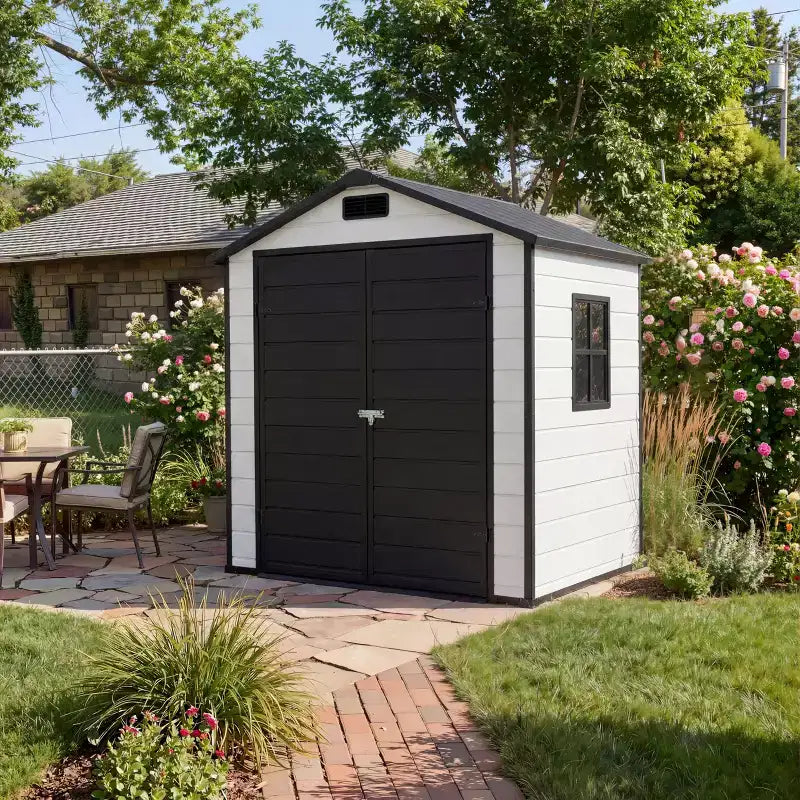 Abri de rangement extérieur en résine 6x4 pieds couleur bois naturel avec plancher, fenêtre, porte verrouillable, 2 aérations et toit en pente pour patio, jardin et rangement d'outils