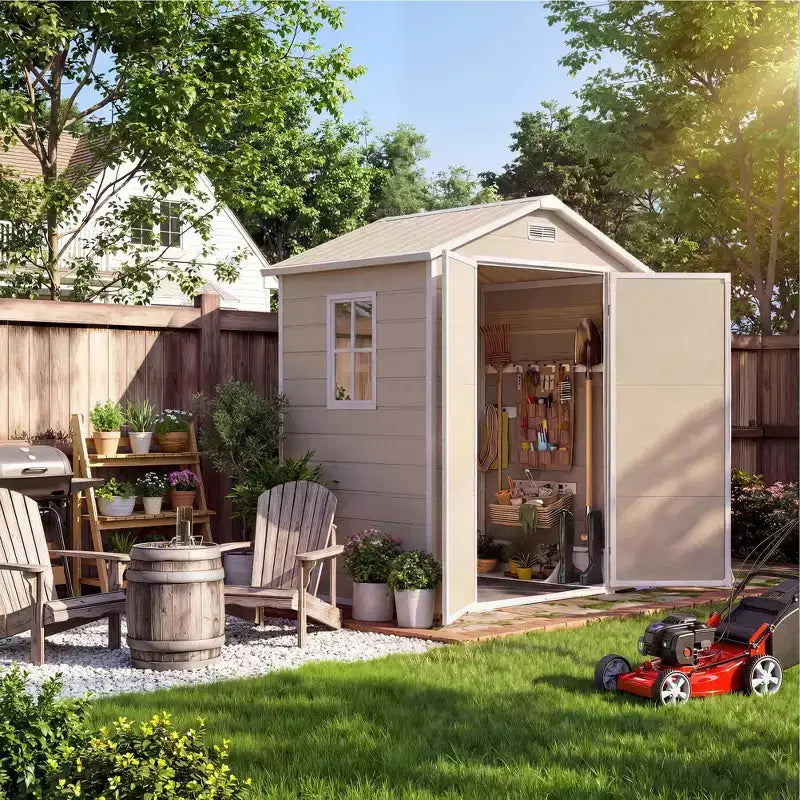 Abri de rangement extérieur en résine 6x4 pieds couleur bois naturel avec plancher, fenêtre, porte verrouillable, 2 aérations et toit en pente pour patio, jardin et rangement d'outils