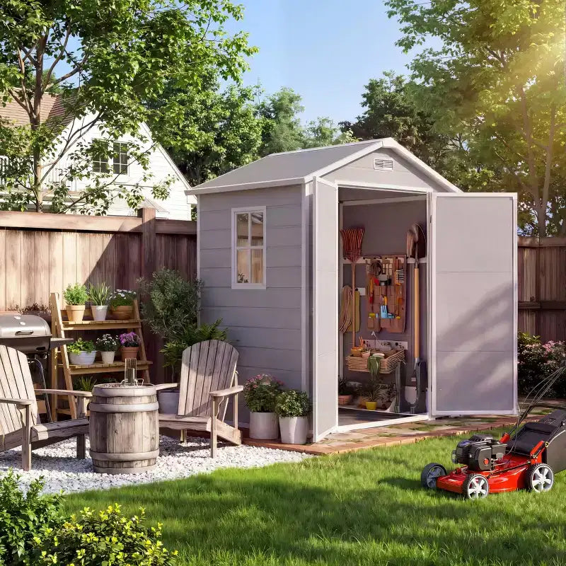 Abri de rangement extérieur en résine 6x4 pieds couleur bois naturel avec plancher, fenêtre, porte verrouillable, 2 aérations et toit en pente pour patio, jardin et rangement d'outils