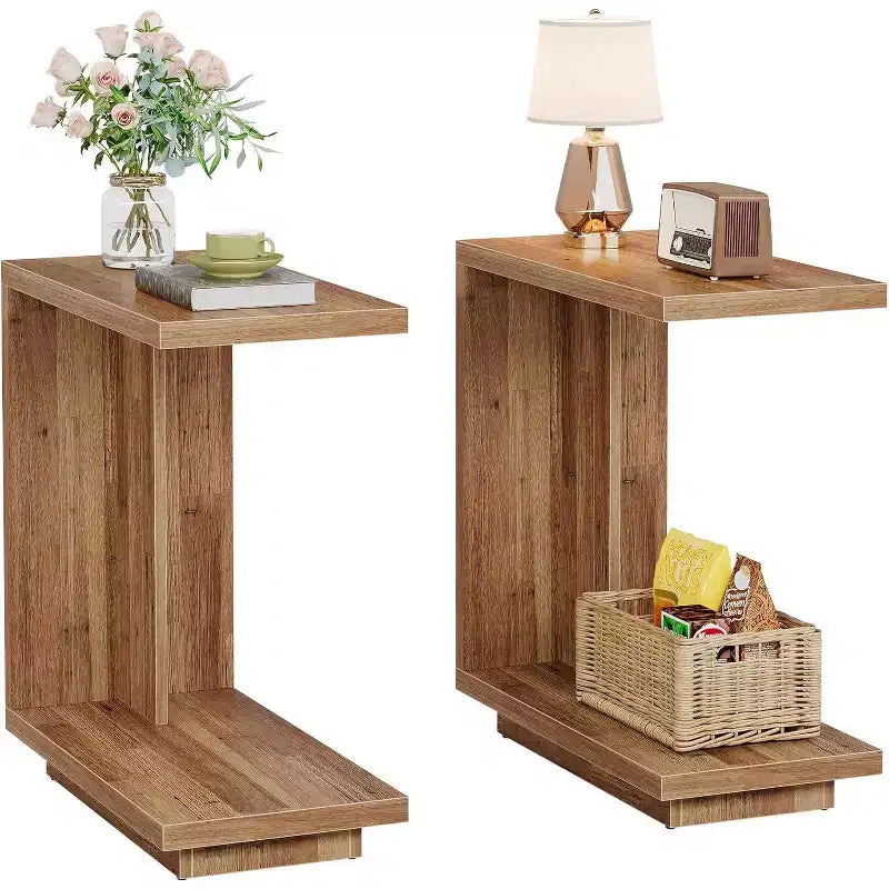 Lantine Table d'appoint 2 niveaux en C, lot de 2 : Étroite, socle robuste, design industriel pour salon/chambre, marron noyer.