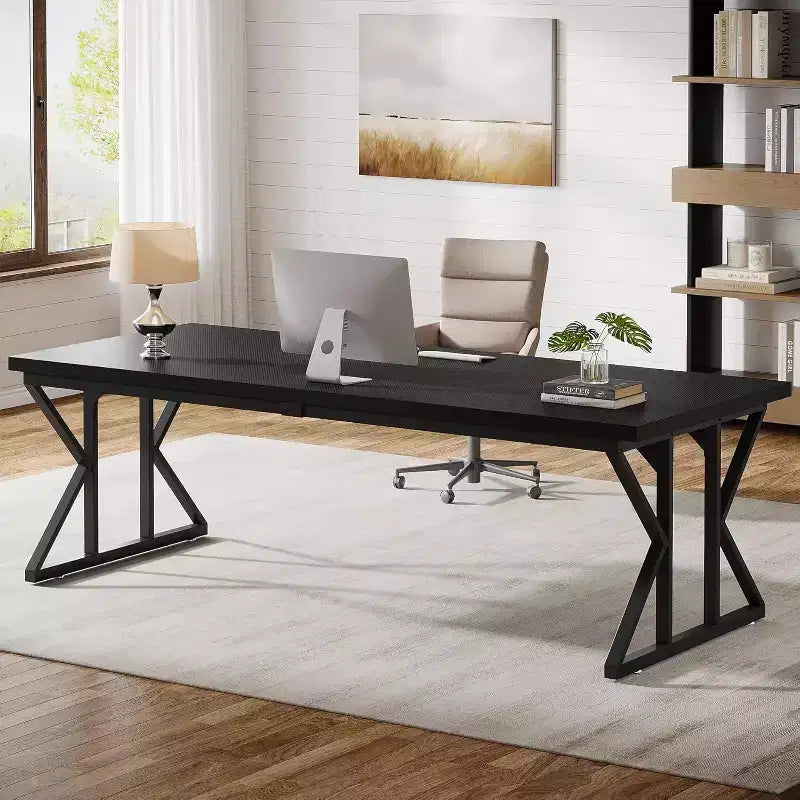 Grand bureau exécutif Lantine 78.74 pouces, bureau informatique industriel pour bureau à domicile, table d'écriture longue simple mobilier professionnel (Noir)