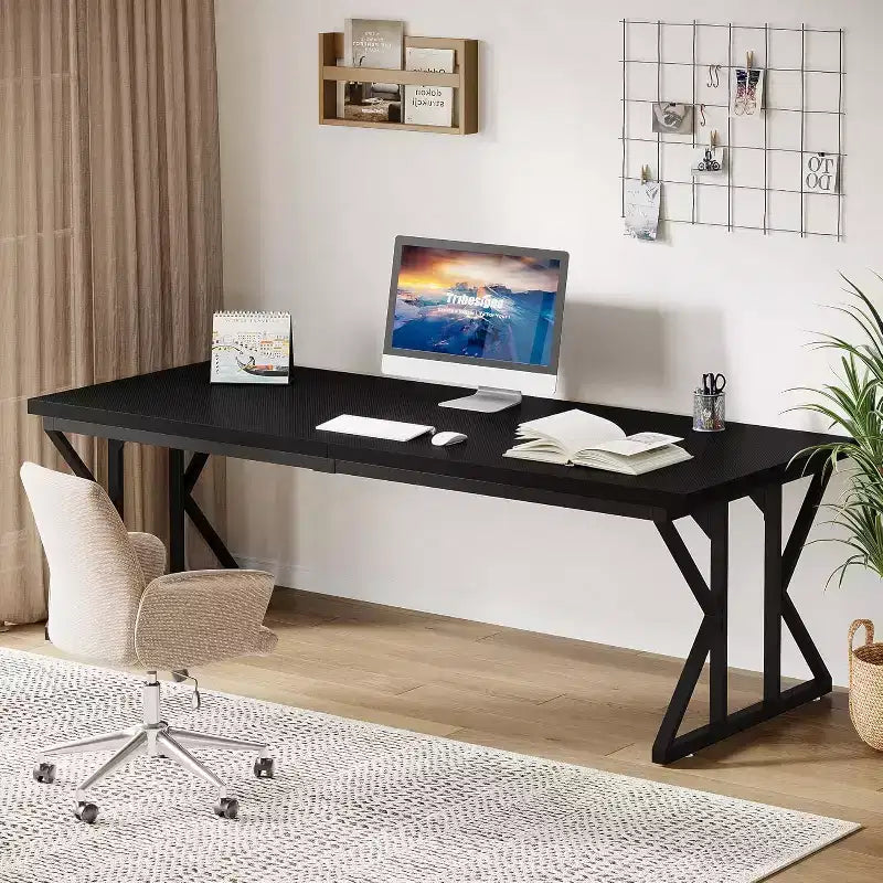 Grand bureau exécutif Lantine 78.74 pouces, bureau informatique industriel pour bureau à domicile, table d'écriture longue simple mobilier professionnel (Noir)