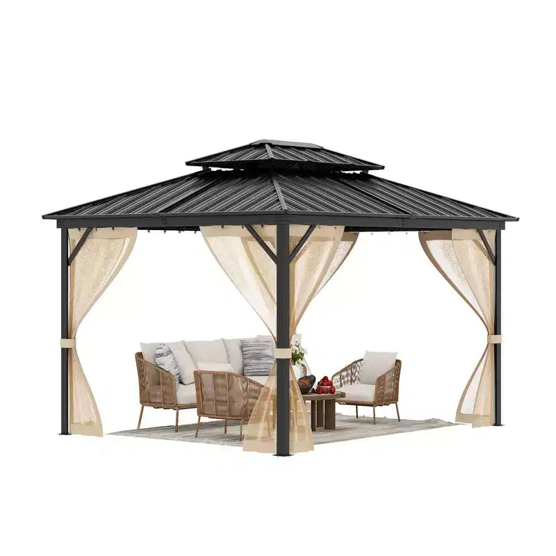 Gazebo à toit rigide 10x14 pi, toutes conditions météo, double toit, cadre en aluminium, convient aux patios, terrasses, cours, pelouses et jardins