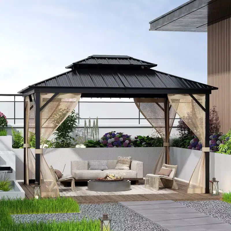 Gazebo à toit rigide 10x14 pi, toutes conditions météo, double toit, cadre en aluminium, convient aux patios, terrasses, cours, pelouses et jardins