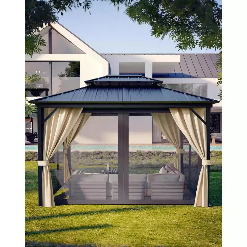 Gazebo à toit rigide 10x14 pi, toutes conditions météo, double toit, cadre en aluminium, convient aux patios, terrasses, cours, pelouses et jardins