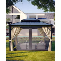 Gazebo à toit rigide 10x14 pi, toutes conditions météo, double toit, cadre en aluminium, convient aux patios, terrasses, cours, pelouses et jardins