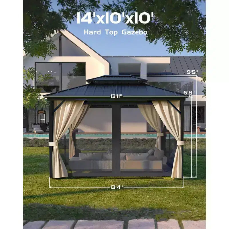 Gazebo à toit rigide 10x14 pi, toutes conditions météo, double toit, cadre en aluminium, convient aux patios, terrasses, cours, pelouses et jardins