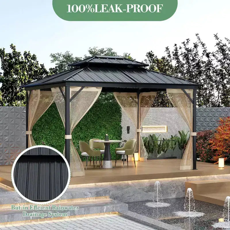 Gazebo à toit rigide 10x14 pi, toutes conditions météo, double toit, cadre en aluminium, convient aux patios, terrasses, cours, pelouses et jardins