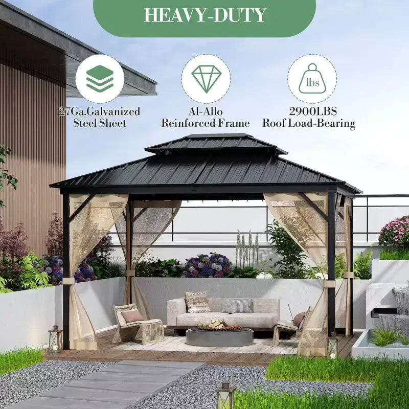 Gazebo à toit rigide 10*14FT, toutes conditions météorologiques, double toit, structure en aluminium, convient aux patios, terrasses, arrière-cours, pelouses et jardins