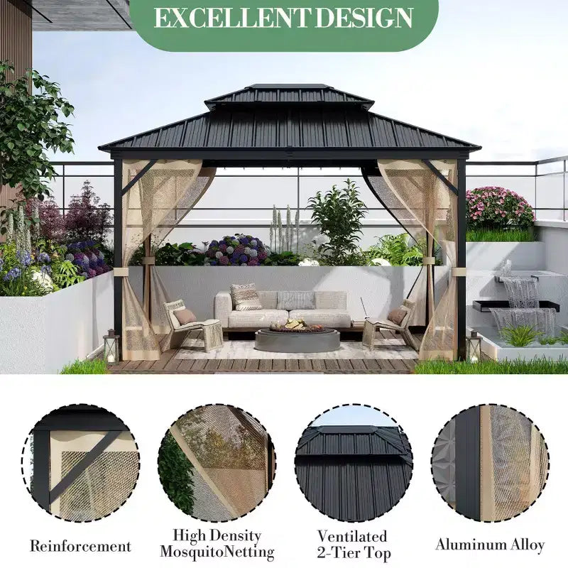 Gazebo à toit rigide 10*14FT, toutes conditions météorologiques, double toit, structure en aluminium, convient aux patios, terrasses, arrière-cours, pelouses et jardins