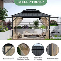 Gazebo à toit rigide 10x14 pi, toutes conditions météo, double toit, cadre en aluminium, convient aux patios, terrasses, cours, pelouses et jardins