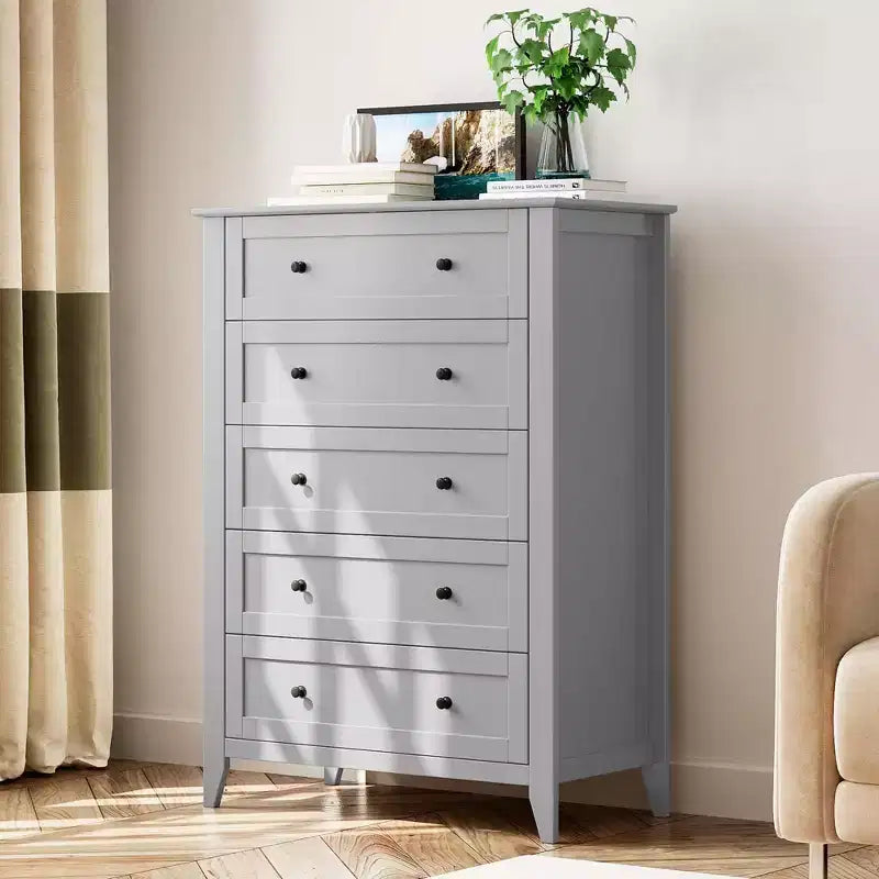 Commode 5 tiroirs pour chambre - haut coffre moderne en bois avec tiroirs profonds et boutons métalliques pour entrée, couloir
