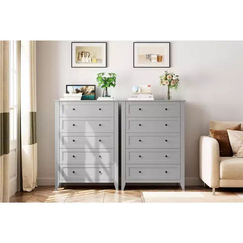 Commode 5 tiroirs pour chambre - haut coffre moderne en bois avec tiroirs profonds et boutons métalliques pour entrée, couloir