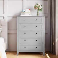 Commode 5 tiroirs pour chambre - haut coffre moderne en bois avec tiroirs profonds et boutons métalliques pour entrée, couloir