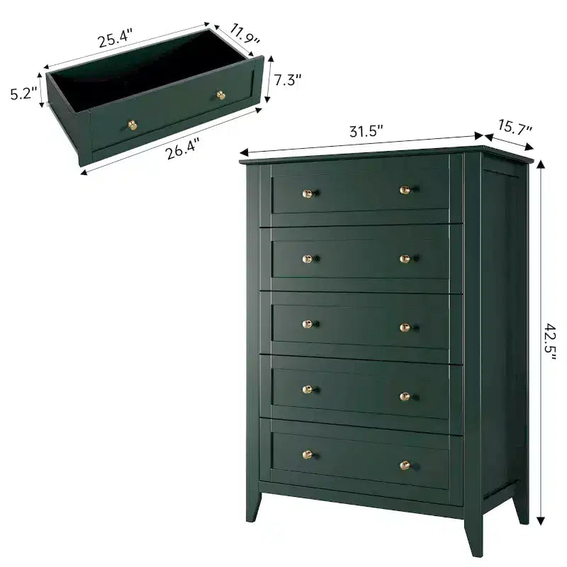 Commode 5 tiroirs pour chambre - haut coffre moderne en bois avec tiroirs profonds et boutons métalliques pour entrée, couloir