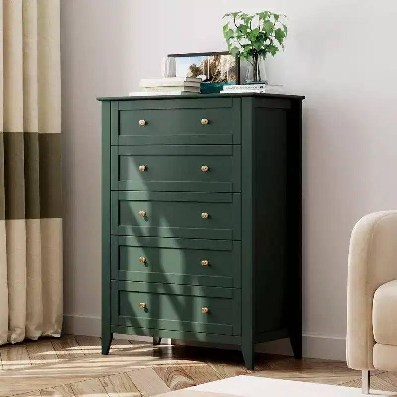 Commode 5 tiroirs pour chambre - haut coffre moderne en bois avec tiroirs profonds et boutons métalliques pour entrée, couloir