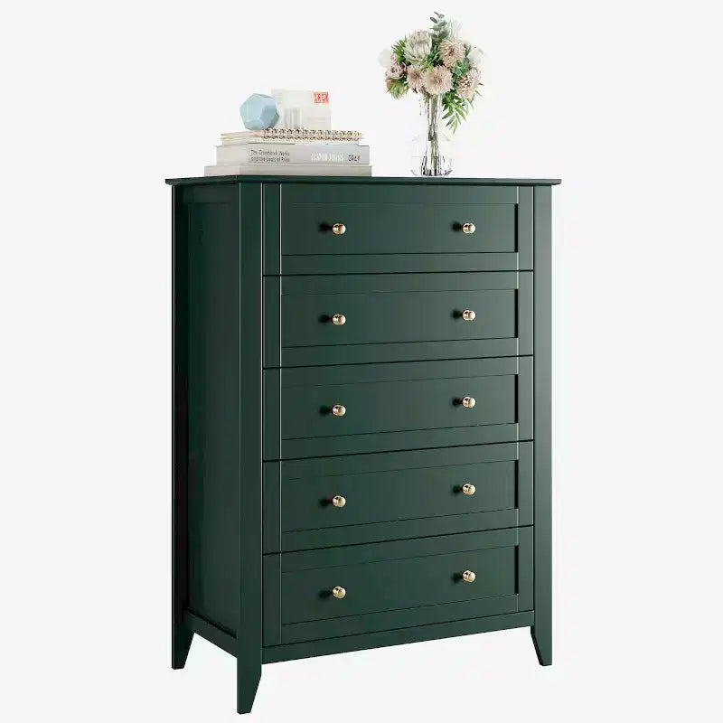 Commode 5 tiroirs pour chambre - haut coffre moderne en bois avec tiroirs profonds et boutons métalliques pour entrée, couloir