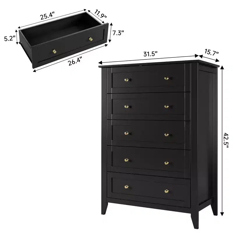 Commode 5 tiroirs pour chambre - haut coffre moderne en bois avec tiroirs profonds et boutons métalliques pour entrée, couloir
