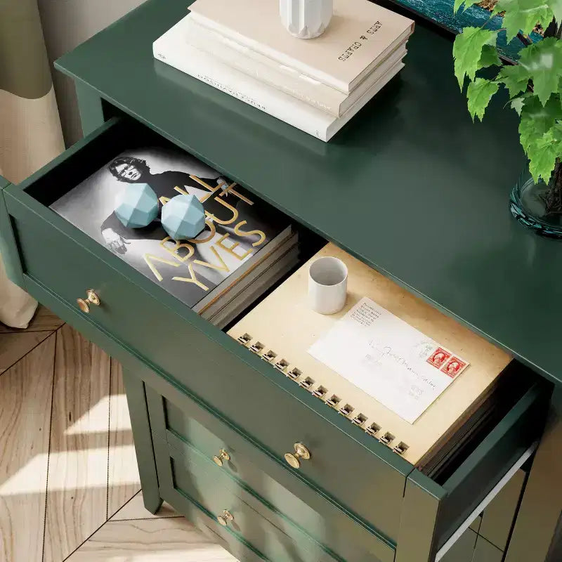 Commode 5 tiroirs pour chambre - haut coffre moderne en bois avec tiroirs profonds et boutons métalliques pour entrée, couloir