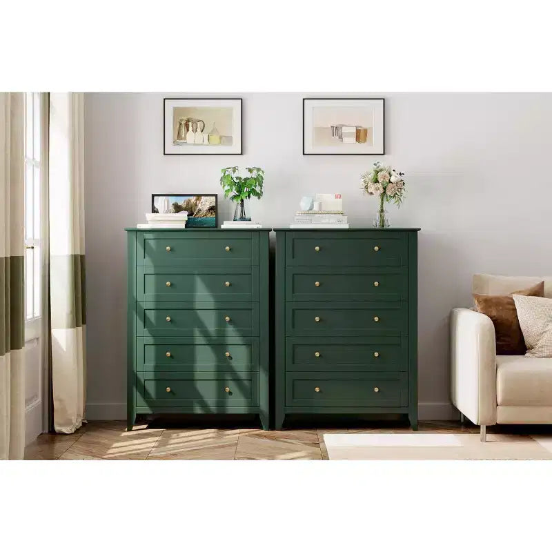 Commode 5 tiroirs pour chambre - haut coffre moderne en bois avec tiroirs profonds et boutons métalliques pour entrée, couloir