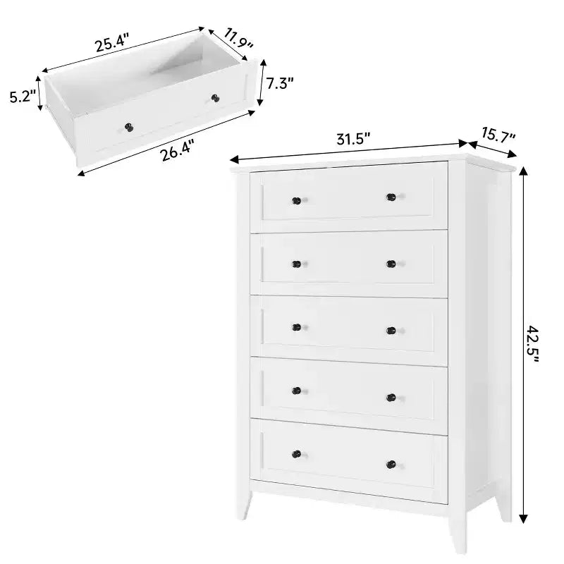 Commode 5 tiroirs pour chambre - haut coffre moderne en bois avec tiroirs profonds et boutons métalliques pour entrée, couloir