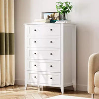 Commode 5 tiroirs pour chambre - haut coffre moderne en bois avec tiroirs profonds et boutons métalliques pour entrée, couloir