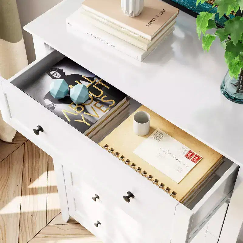 Commode 5 tiroirs pour chambre - haut coffre moderne en bois avec tiroirs profonds et boutons métalliques pour entrée, couloir