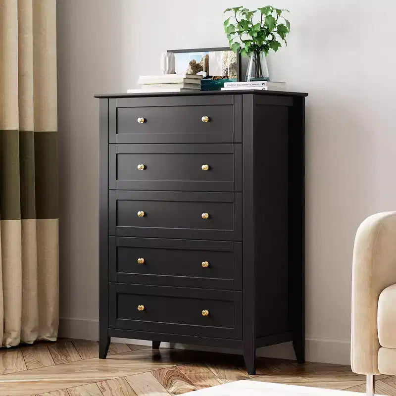 Commode 5 tiroirs pour chambre - haut coffre moderne en bois avec tiroirs profonds et boutons métalliques pour entrée, couloir