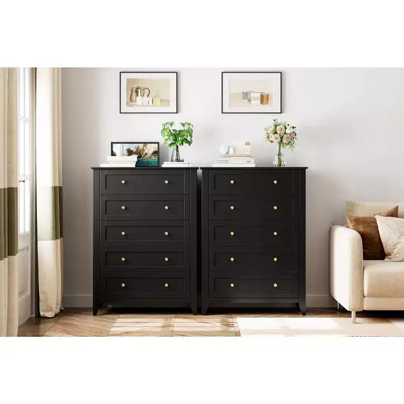 Commode 5 tiroirs pour chambre - haut coffre moderne en bois avec tiroirs profonds et boutons métalliques pour entrée, couloir