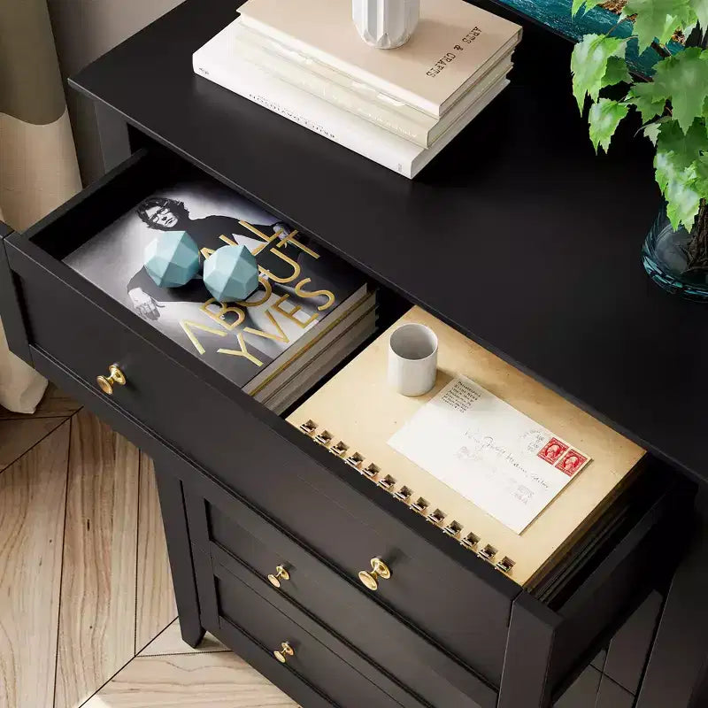 Commode 5 tiroirs pour chambre - haut coffre moderne en bois avec tiroirs profonds et boutons métalliques pour entrée, couloir