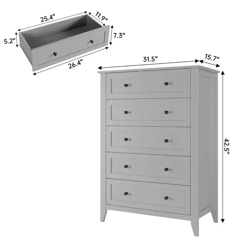 Commode 5 tiroirs pour chambre - haut coffre moderne en bois avec tiroirs profonds et boutons métalliques pour entrée, couloir