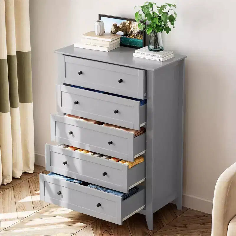 Commode 5 tiroirs pour chambre à coucher - Commode haute et moderne en bois avec tiroirs profonds et poignées en métal pour entrée ou couloir