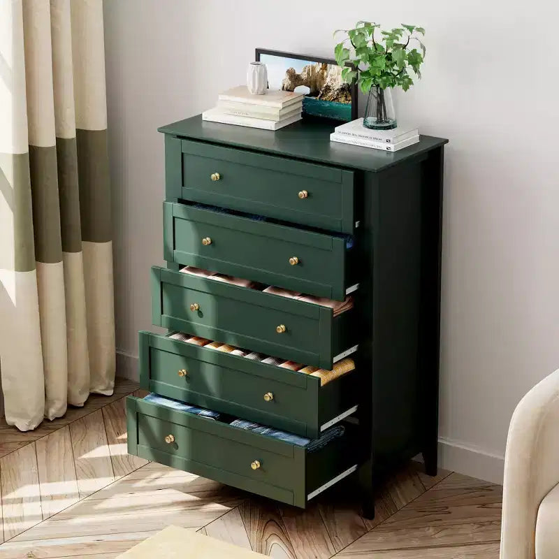 Commode 5 tiroirs pour chambre - haut coffre moderne en bois avec tiroirs profonds et boutons métalliques pour entrée, couloir
