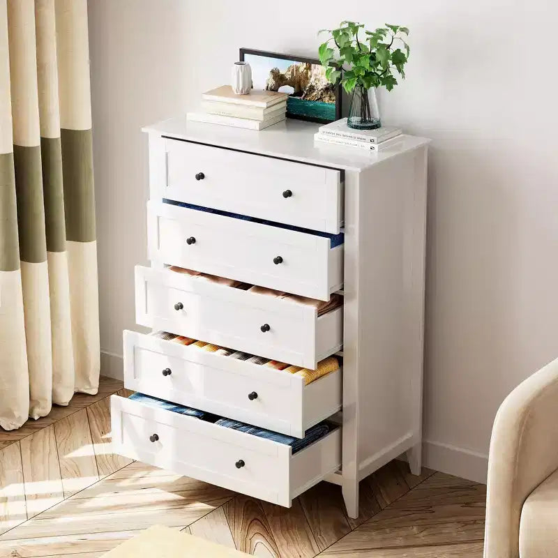 Commode 5 tiroirs pour chambre - haut coffre moderne en bois avec tiroirs profonds et boutons métalliques pour entrée, couloir