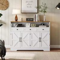 Buffet de ferme de 51 po avec station de recharge, 3 tiroirs et 4 portes coulissantes, meuble de rangement pour cuisine, salle à manger ou salon, blanc