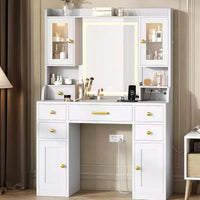 Coiffeuse avec miroir LED et lumières, table de maquillage avec 2 armoires RVB, prises et 6 tiroirs pour chambre et salon, blanc