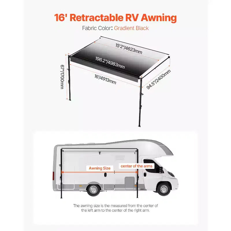 VEVOR Kit complet d'auvent manuel pour VR, auvent rétractable 16' avec cadre en alliage d'aluminium, auvent de remorque extérieur, convient à la plupart des VR (Black Fade)