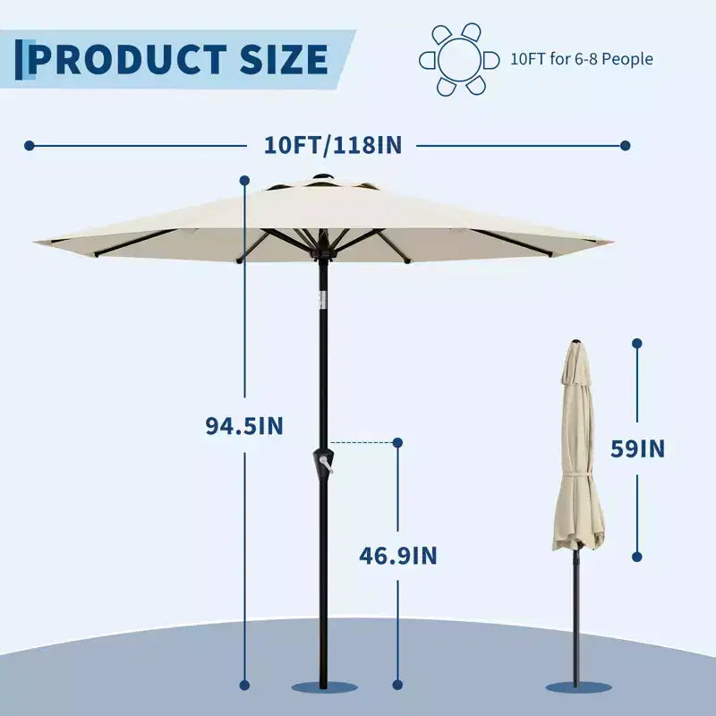 Parasol de patio de 3 m avec manivelle souple, inclinaison par bouton-poussoir et 8 baleines robustes pour piscine, terrasse, jardin (beige)