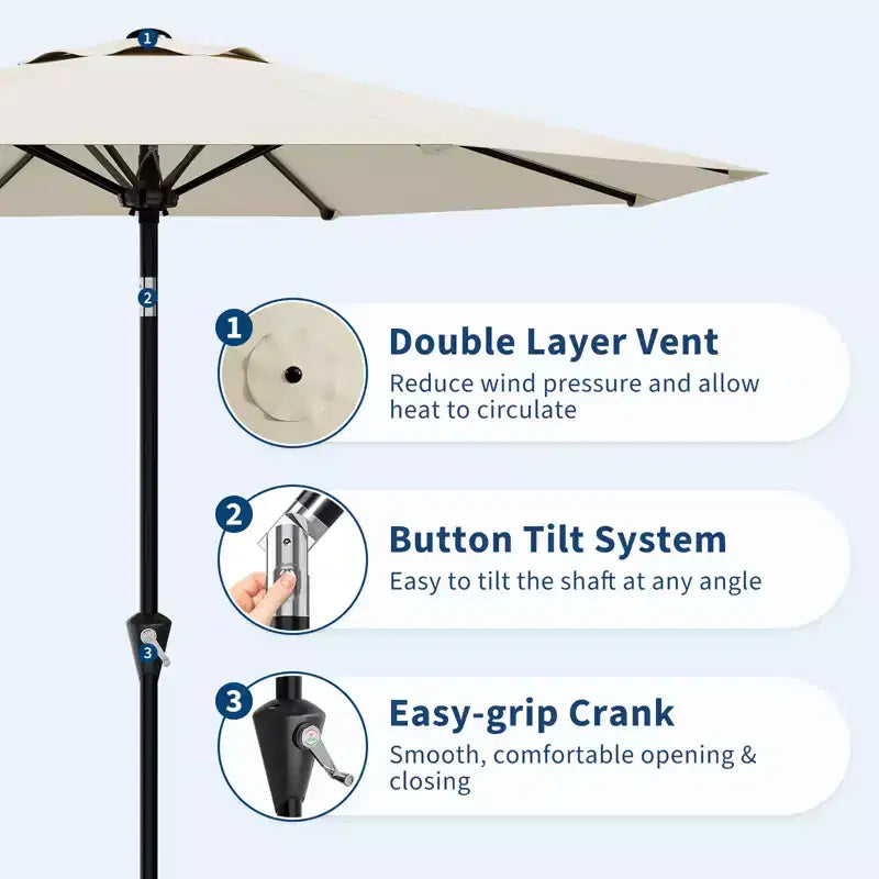 Parasol de patio de 3 m avec manivelle souple, inclinaison par bouton-poussoir et 8 baleines robustes pour piscine, terrasse, jardin (beige)