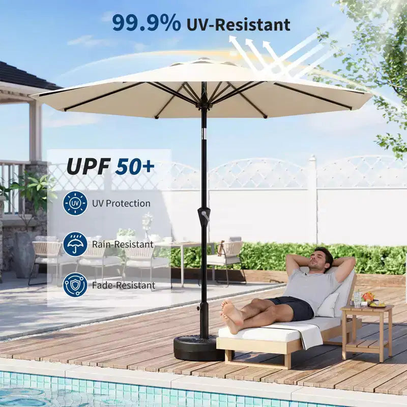 Parasol de patio de 3 m avec manivelle souple, inclinaison par bouton-poussoir et 8 baleines robustes pour piscine, terrasse, jardin (beige)