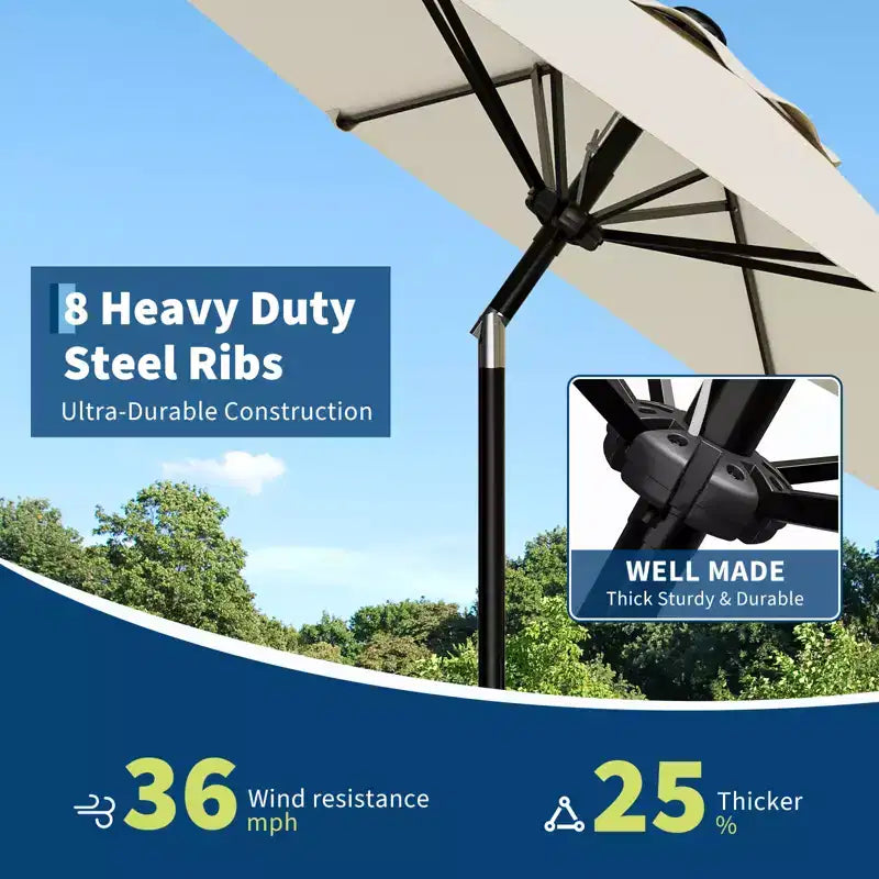 Parasol de patio de 3 m avec manivelle souple, inclinaison par bouton-poussoir et 8 baleines robustes pour piscine, terrasse, jardin (beige)